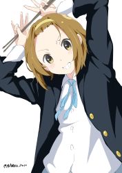 Rule 34 | 1girl, absurdres, arms up, black jacket, blue ribbon, brown eyes, brown hair, collared shirt, commentary, drumsticks, grin, hairband, highres, jacket, k-on!, light blush, long sleeves, looking at viewer, medium hair, neck ribbon, open clothes, open jacket, ribbon, school uniform, shirt, simple background, smile, solo, tainaka ritsu, teeth, twitter username, upper body, white background, white gorilla (okamoto), white shirt, yellow hairband