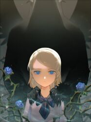 Rule 34 | 1girl, behind another, black clover, blonde hair, blue eyes, blue flower, blue ribbon, blue rose, braid, charlotte roselei, child, commentary, english commentary, flower, hands on another&#039;s shoulders, highres, looking at viewer, plant, ribbon, rose, sanii, shirt, side braid, solo focus, thorns, vines, white shirt