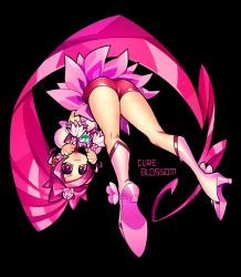 Rule 34 | 1girl, ass, bike shorts, black background, boots, brooch, character name, choker, clenched hands, clover hair ornament, cure blossom, four-leaf clover hair ornament, hair ornament, hanasaki tsubomi, heart, heart brooch, heartcatch precure!, high heel boots, high heels, jewelry, knee boots, legs, long hair, looking at viewer, magical girl, pink choker, pink eyes, pink hair, ponytail, pout, precure, puffy short sleeves, puffy sleeves, senmu (0107), shiny skin, short sleeves, shorts, shorts under skirt, simple background, skirt, solo, upside-down, very long hair, wrist cuffs