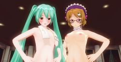 Rule 34 | 00s, 10s, 2girls, 3d, alternate eye color, aqua eyes, blush, breasts, brown hair, convenient censoring, crossover, crying, custom maid 3d 2, glasses, hair ornament, hands on own hips, hatsune miku, headband, koizumi hanayo, long hair, looking at viewer, love live!, love live! school idol project, maid, medium breasts, multiple girls, navel, nipples, nude, open mouth, purple eyes, red eyes, short hair, small breasts, standing, twintails, vocaloid