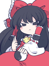 Rule 34 | &gt;:(, 1girl, ascot, bare shoulders, black eyes, black hair, blush stickers, bow, chahan (fried rice0614), closed mouth, detached sleeves, hair bow, hair tubes, hakurei reimu, highres, japanese clothes, long hair, nontraditional miko, one-hour drawing challenge, orb, red bow, red skirt, ribbon-trimmed sleeves, ribbon trim, sidelocks, simple background, skirt, solo, touhou, upper body, v-shaped eyebrows, white background, white sleeves, wide sleeves, yellow ascot, yin yang, yin yang orb