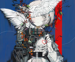 Rule 34 | 1girl, absurdres, angel, angel wings, artisul, blue background, bob cut, branch, copyright name, corset, floating hair, frilled shirt, frills, frown, grey eyes, grey ribbon, guage, hand up, heart, highres, holding, holding stylus, leaf, light blush, long sleeves, looking at viewer, machine, one eye covered, original, pale skin, plant, red background, ringed eyes, shirt, short hair, sleeve cuffs, sleeve ribbon, solo, stylus, tekito midori, tube, two-tone background, upper body, white hair, white shirt, wings, drawing on fourth wall
