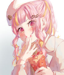 Rule 34 | 1girl, beret, blunt bangs, closed mouth, cream, cream on face, crepe, eyes visible through hair, food, food on face, fruit, hair ornament, hairclip, hand to own mouth, hat, highres, holding, holding food, inori 002, looking at viewer, multicolored hair, nijisanji, nijisanji en, pink hair, pink nails, red eyes, rosebud (rosemi lovelock), rosemi lovelock, rosemi lovelock (3rd costume), solo, strawberry, streaked hair, sweatdrop, virtual youtuber, water drop
