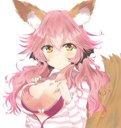 Rule 34 | &gt;:t, 10s, 1girl, :t, animal ears, blush, breasts, cleavage, collarbone, fate/extra, fate/extra ccc, fate (series), fox ears, fox tail, hand on own chest, haru (nature life), hood, hoodie, jewelry, large breasts, looking at viewer, necklace, official alternate costume, open clothes, open shirt, pink hair, shirt, simple background, solo, striped clothes, striped hoodie, tail, tamamo no mae (fate/extra), tamamo no mae (spring casual) (fate), v-shaped eyebrows, white background, yellow eyes