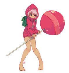 Rule 34 | 1girl, :o, back, bare legs, barefoot, benzbt, blush, brown eyes, candy, cookie run, drawstring, food, holding, holding candy, holding food, holding lollipop, hood, hood up, hoodie, knees together feet apart, lollipop, long sleeves, no pants, oversized food, oversized object, pink hair, pom pom (clothes), signature, simple background, solo, strawberry cookie, tan, white background