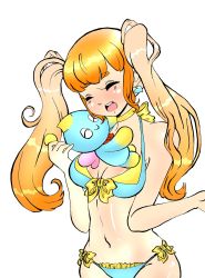 Rule 34 | 1girl, artist request, bikini, blush, breasts, cheese the chao, cleavage, cream the rabbit, earrings, eyebrows, closed eyes, female focus, heart, heart earrings, highres, hug, humanization, jewelry, long hair, medium breasts, multicolored hair, navel, open mouth, orange hair, side-tie bikini bottom, simple background, smile, sonic (series), swimsuit, thick eyebrows, twintails