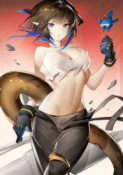 Rule 34 | 1girl, absurdres, arknights, bare arms, bare shoulders, bird, black gloves, black hair, black pants, blue eyes, blue hair, breasts, camisole, chinese commentary, commentary request, cowboy shot, crop top, eunectes (arknights), eunectes (forgemaster) (arknights), gkd111, gloves, gradient hair, hand up, highres, large breasts, looking at viewer, midriff, multicolored hair, navel, official alternate costume, pants, parted lips, pointy ears, short hair, snake tail, solo, standing, stomach, tail, thighs