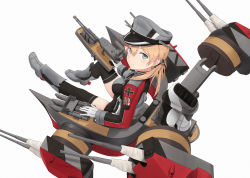 Rule 34 | 10s, 1girl, black thighhighs, blonde hair, blue eyes, fuyube gin (huyube), gloves, hair between eyes, hat, kantai collection, long hair, long sleeves, low twintails, machinery, military, military uniform, official style, peaked cap, prinz eugen (kancolle), simple background, smile, solo, thighhighs, turret, twintails, uniform, white background, white gloves
