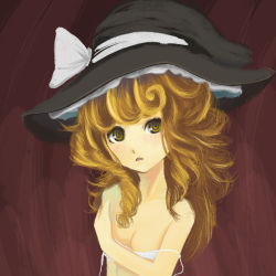 Rule 34 | 1girl, black hat, blonde hair, bra, breasts, brown background, cleavage, female focus, hat, kirisame marisa, lingerie, pei page, solo, touhou, underwear, upper body, witch, witch hat, yellow eyes