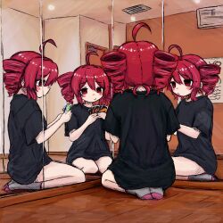 Rule 34 | 1girl, ahoge, alternate costume, black shirt, blush, bubbacterial, card, drill hair, from behind, from side, highres, holding, holding card, indoors, kasane teto, kneeling, lonely, looking at mirror, mirror, multiple views, no pants, pursed lips, red eyes, red hair, shirt, socks, thighs, twin drills, twintails, uno (game), utau