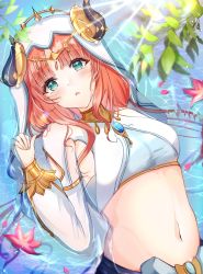 Rule 34 | 1girl, absurdres, aqua eyes, blue gemstone, blush, breasts, brooch, circlet, clothing cutout, cocoa 11vv, crop top, dutch angle, flower, forehead jewel, gem, genshin impact, gold trim, highres, horns, jewelry, leaf, long hair, long sleeves, looking at viewer, lying on water, medium breasts, navel, neck ring, nilou (genshin impact), parted bangs, parted lips, petals, red hair, solo, sparkle, stomach, sunlight, upper body, vambraces, veil, water, white headdress