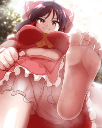 Rule 34 | 1girl, akabashi yuusuke, ascot, bloomers, blouse, blurry, blurry background, bow, breasts, brown hair, commentary request, detached sleeves, feet, foot focus, foreshortening, frilled skirt, frills, from below, hair bow, hakurei reimu, highres, looking at viewer, looking down, lower teeth only, medium breasts, medium hair, open mouth, outdoors, red bow, red eyes, red shirt, red skirt, shirt, skirt, sleeveless, sleeveless shirt, soles, solo, standing, standing on one leg, stepping on you, sweat, teeth, toes, touhou, underboob, underwear, upper teeth only, white bloomers, yellow ascot