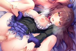 Rule 34 | 1boy, 1girl, :o, asa no ha (awayuki), blush, breasts, breasts out, brown hair, censored, choker, flower knight girl, folded, game cg, hair ornament, hetero, large breasts, long hair, looking at viewer, lying, missionary, mosaic censoring, nipples, official art, on back, open mouth, penis, purple skirt, pussy, red neckwear, ruritama azami (flower knight girl), sex, shiny skin, skirt, spread legs, sweat, two side up, vaginal, yellow eyes