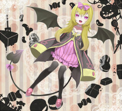 Rule 34 | 1girl, black thighhighs, blonde hair, blush, bow, cake, candy, cream puff, cross, demon tail, demon wings, erubo, fang, food, fork, hair bow, hexagram, jack-o&#039;-lantern, jelly bean, lollipop, long hair, long sleeves, open mouth, original, pink eyes, solo, tail, thighhighs, wide sleeves, wings