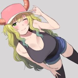 Rule 34 | 1girl, ;), aqua hair, arm up, armpit crease, bare arms, bare shoulders, baseball cap, black tank top, black thighhighs, blonde hair, blush, breasts, cleavage, closed mouth, collarbone, commentary request, cowboy shot, denim, denim shorts, dragon girl, dragon horns, dutch angle, from above, gradient hair, green eyes, green hair, grey background, hand on headwear, hand on own thigh, hat, highres, horns, horns through headwear, kobayashi-san chi no maidragon, large breasts, leaning forward, looking at viewer, lucoa (maidragon), multicolored hair, nishikino kee, one eye closed, pink hat, short shorts, shorts, simple background, smile, solo, standing, tank top, thighhighs, unusually open eyes