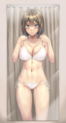 Rule 34 | 1girl, bare arms, bare legs, bare shoulders, bikini, blue eyes, blush, breasts, brown hair, cleavage, closed mouth, collarbone, gluteal fold, hair between eyes, hair ornament, highres, kantai collection, kokuzou, large breasts, maya (kancolle), mirror, navel, short hair, solo, swimsuit, white bikini, x hair ornament