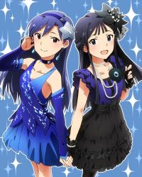 Rule 34 | 10s, 2girls, bare legs, black dress, black gloves, black hair, blue dress, blue eyes, blue theme, choker, detached sleeves, dress, earrings, fingerless gloves, flower, frills, gloves, hair flower, hair ornament, tucking hair, hairband, half updo, hand in own hair, headband, holding hands, idolmaster, idolmaster (classic), idolmaster million live!, jewelry, kisaragi chihaya, long hair, looking at viewer, mogami shizuka, multiple girls, necklace, official art, open mouth, pantyhose, pearl necklace, sidelocks, signature, sparkle background, star (symbol), star hair ornament