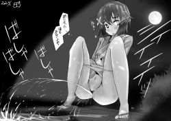 Rule 34 | 1girl, female pubic hair, furutaka (kancolle), highres, japanese clothes, kantai collection, kimono, monochrome, musou bw, night, night sky, outdoors, panties, panty pull, peeing, pubic hair, puddle, pussy, short hair, sky, solo, squatting, uncensored, underwear, yukata