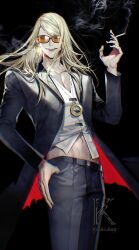 Rule 34 | 1boy, artist name, black gloves, black jacket, black nails, black pants, blonde hair, chromatic aberration, cigarette, fang, fate/grand order, fate (series), gloves, hand in pocket, highres, holding, holding cigarette, jacket, koshika rina, long hair, looking at viewer, male focus, nail polish, open mouth, orange-tinted eyewear, pants, pectorals, shirt, simple background, smile, smoke, solo, standing, sunglasses, teeth, tezcatlipoca (fate), tinted eyewear, upper teeth only, white shirt