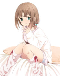 Rule 34 | 1girl, abe kanari, alternate costume, bed, breasts, brown hair, closed mouth, collarbone, commentary request, green eyes, hair ornament, high school fleet, highres, kinesaki akane, looking at viewer, medium breasts, pajamas, simple background, sitting, smile, socks, solo, white background
