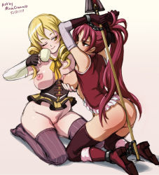 Rule 34 | 2girls, ;), adapted costume, alternate breast size, arms up, ascot, ass, bdsm, between buttocks, blonde hair, blush, bondage, boots, bound, bound ankles, bound wrists, breast lift, breastless clothes, breasts, butt crack, cuffs, cup, dated, detached sleeves, drill hair, femdom, fingerless gloves, full body, gloves, grabbing, grabbing another&#039;s breast, handcuffs, kneeling, large breasts, long hair, magical girl, mahou shoujo madoka magica, mahou shoujo madoka magica (anime), microskirt, mina cream, molestation, multiple girls, nipples, no panties, one eye closed, pink hair, polearm, ponytail, pussy, red eyes, sakura kyoko, skirt, smile, spear, striped clothes, striped thighhighs, teacup, thighhighs, tomoe mami, twin drills, uncensored, underbust, vertical-striped clothes, vertical-striped thighhighs, weapon, yuri