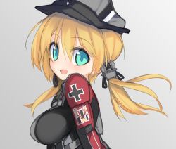 Rule 34 | 10s, 1girl, :d, anchor hair ornament, black ribbon, blonde hair, blue eyes, blush, close-up, cross, denpaken pochi, hair ornament, hair ribbon, hat, highres, iron cross, kantai collection, long hair, long sleeves, military, military uniform, open mouth, peaked cap, prinz eugen (kancolle), ribbon, smile, solo, uniform, upper body