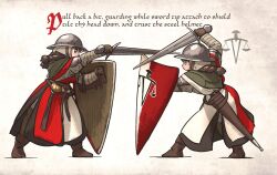 Rule 34 | 2girls, balance scale print, belt, blocking, boots, braid, brown hair, english text, fighting stance, gambeson, gloves, helmet, highres, holding, holding weapon, ironlily, kettle helm, kite shield, long hair, medieval, multiple girls, ordo mediare sisters (ironlily), scabbard, sheath, single braid sister (ironlily), standing, sword, twin braids sister (ironlily), weapon
