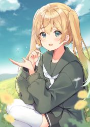 Rule 34 | 1girl, :d, ameshizuku natsuki, bad id, bad twitter id, black jacket, black sailor collar, black skirt, blonde hair, blue eyes, blue sky, blurry, blurry foreground, buttons, cloud, collarbone, commentary request, dandelion, dandelion seed, day, fang, flower, grass, hands up, hill, holding, holding plant, jacket, open mouth, original, outdoors, parted bangs, plant, pleated skirt, sailor collar, school uniform, serafuku, signature, skirt, sky, skyline, sleeve cuffs, smile, solo, squatting, thighhighs, twintails, white neckwear, white thighhighs, zettai ryouiki