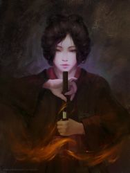 Rule 34 | 1girl, artist name, brown eyes, brown hair, commentary, emma the gentle blade, english commentary, hair bun, highres, holding, holding sword, holding weapon, japanese clothes, katana, kimono, lips, looking at viewer, nose, portrait, raivis draka, sekiro: shadows die twice, sheath, solo, sword, unsheathing, updo, upper body, weapon