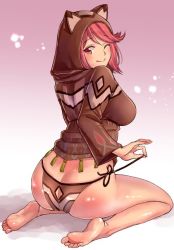 Rule 34 | 1girl, animal ears, animal hood, ass, ass cutout, bad id, bad twitter id, breasts, butt crack, cat ears, clothing cutout, earrings, fingerless gloves, full body, gloves, gradient background, hood, jewelry, keyhole bikini, large breasts, looking at viewer, looking back, nintendo, one eye closed, ooshima aki, panties, pink background, pink hair, pyra (xenoblade), red eyes, short hair, sidelocks, simple background, sitting, smile, solo, swept bangs, tiara, underwear, white background, xenoblade chronicles (series), xenoblade chronicles 2