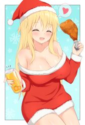 Rule 34 | 1girl, bare shoulders, blonde hair, breasts, can, christmas, cleavage, closed eyes, commentary, commentary request, dress, drink can, english commentary, eniraka, facing viewer, food, fur-trimmed dress, fur trim, hat, highres, holding, holding can, holding food, large breasts, long hair, long sleeves, mixed-language commentary, off-shoulder dress, off shoulder, open mouth, original, outside border, red dress, red hat, santa dress, santa hat, short dress, sitting, smile, soda can, solo, turkey (food)