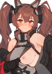 Rule 34 | 1girl, angelina (arknights), angelina (endfield) (arknights), animal ear fluff, animal ears, arknights, arknights: endfield, armpits, belt, black gloves, blush, breasts, brown hair, clothes pull, diamond-shaped pupils, diamond (shape), dot nose, dress, fox ears, fox girl, gloves, grey dress, headpiece, high belt, highres, long hair, looking at viewer, medium breasts, nashidrop, nipples, red eyes, smile, solo, symbol-shaped pupils, twintails, white background