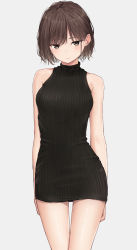 Rule 34 | 1girl, akipeko, arms behind back, bare arms, bare shoulders, black dress, black sweater, blush, breasts, commentary request, cowboy shot, dress, highres, looking at viewer, medium breasts, original, pencil dress, ribbed sweater, short hair, simple background, sleeveless, sleeveless sweater, smile, solo, sweater, sweater dress, thighs, white background