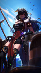 Rule 34 | 1girl, absurdres, barrel, beidou (genshin impact), bird, black gloves, black hair, blue sky, blurry, blurry foreground, boots, breasts, capelet, cleavage, cyclic abelian, earrings, eyepatch, fingerless gloves, fur collar, genshin impact, gloves, hair ornament, hair over one eye, hair stick, hairpin, highres, jewelry, large breasts, leaning back, long hair, looking at viewer, one eye covered, outdoors, pelvic curtain, pirate, pirate ship, colored eyepatch, red eyes, rope, ship, sky, thigh boots, thighhighs, thighs, vision (genshin impact), water, watercraft