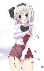 Rule 34 | blue eyes, breasts, covering privates, covering breasts, formal, highres, konpaku youmu, looking at viewer, medium breasts, ribbon, shishiky, short hair, skirt, suit, sweat, thighs, torn clothes, touhou, white background, white hair, white suit