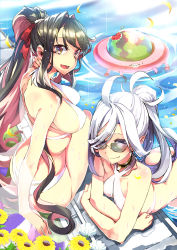 Rule 34 | 2girls, ahoge, alternate costume, arm support, asashimo (kancolle), ass, bare shoulders, bikini, black hair, blush, bow, breasts, choker, collarbone, covered erect nipples, elbow rest, enemy lifebuoy (kancolle), fang, flower, hair between eyes, hair over one eye, hair ribbon, halterneck, hand on own neck, hidori (hibi toridori), kantai collection, large breasts, leaning, light particles, long hair, looking at viewer, multicolored hair, multiple girls, naganami (kancolle), open mouth, partially submerged, pink hair, ponytail, poolside, ribbon, shiny skin, silver hair, sitting, smile, sunglasses, swimsuit, teeth, two-tone hair, wet, white bikini, yellow eyes