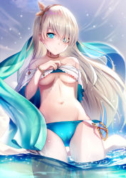 Rule 34 | 1girl, anastasia (fate), bad id, bad pixiv id, bead bracelet, beads, bikini, bikini top lift, blue bikini, blue eyes, blue sky, blush, bracelet, breasts, cameltoe, choker, closed mouth, clothes lift, cloud, commentary request, day, eyes visible through hair, fate/grand order, fate (series), gold, groin, hair between eyes, hair over one eye, hairband, highres, jewelry, lifting own clothes, long hair, looking at viewer, medium breasts, navel, outdoors, revision, silver hair, sky, smile, solo, sparkle, stomach, swimsuit, thighs, very long hair, wading, water, wet, yan (nicknikg)