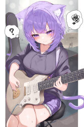 Rule 34 | 1girl, ?, absurdres, ahoge, animal ear fluff, animal ears, ayama nano, black hoodie, blush, braid, breasts, cat ears, cat tail, closed mouth, crossed legs, guitar, highres, holding, holding instrument, holding plectrum, hololive, hood, hoodie, instrument, large breasts, long sleeves, medium hair, music, nekomata okayu, playing instrument, plectrum, purple eyes, purple hair, purple shorts, shorts, sitting, solo, spoken question mark, spoken squiggle, squiggle, sweat, tail, thought bubble, virtual youtuber