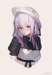 Rule 34 | 1girl, absurdres, bad id, bad pixiv id, black ribbon, black shirt, blush, breasts, collared shirt, commission, cropped torso, dress, fedora, gradient hair, hair between eyes, hat, highres, long hair, looking at viewer, medium breasts, multicolored hair, neck ribbon, original, parted lips, pinafore dress, pixiv commission, purple eyes, purple hair, ribbon, shirt, silver hair, simple background, sleeveless, sleeveless dress, solo, sooon, twitter username, upper body, white dress, white hat, yellow background