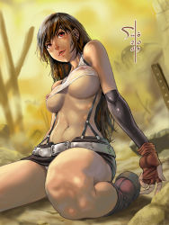 Rule 34 | 1990s (style), artist request, belt, blush, boots, breasts, brown hair, covered erect nipples, final fantasy, final fantasy vii, fingerless gloves, gloves, long hair, midriff, red eyes, see-through, sitting, suspenders, tank top, tifa lockhart, underboob