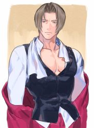 Rule 34 | 1boy, ace attorney, black vest, expressionless, highres, jacket, large pectorals, light brown hair, looking at viewer, male focus, miles edgeworth, muscular, muscular male, nitako, open clothes, open jacket, open vest, parted bangs, pectoral cleavage, pectorals, short hair, solo, undressing, upper body, vest
