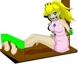 Rule 34 | 1girl, ball gag, barefoot, blonde hair, blue eyes, bound, crying, feet, full body, gag, gagged, ghost, legs, mechanical fixation, princess peach, sitting, streaming tears, tears, tickle torture, tickling, tied up, torture