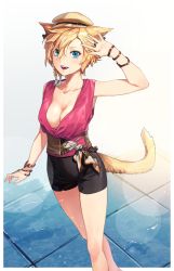 Rule 34 | 1girl, :d, animal ears, black shorts, blue eyes, border, bracelet, braid, cat ears, cat tail, commission, fangs, final fantasy, final fantasy xiv, hair between eyes, hand up, hat, highres, jewelry, looking at viewer, miqo&#039;te, mole, mole under mouth, open mouth, reiga (act000), sash, short hair, short shorts, shorts, skeb commission, smile, solo, standing, tail, warrior of light (ff14), white border, yellow hat