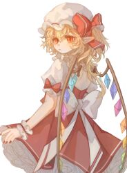 Rule 34 | 1girl, back, blonde hair, bow, chinese commentary, closed mouth, commentary request, dress, dress ribbon, flandre scarlet, frilled sleeves, frills, hat, hat ribbon, highres, mob cap, orange eyes, petticoat, pointy ears, puffy short sleeves, puffy sleeves, red bow, red dress, red nails, red ribbon, ribbon, rukixl s, short sleeves, simple background, sleeve bow, solo, touhou, white background, white hat, white ribbon, wings, wrist cuffs