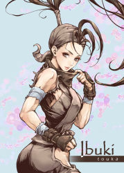 Rule 34 | 1girl, antenna hair, ass, bandaged arm, bandages, bandana, belt, blue background, breasts, brown eyes, brown hair, capcom, character name, fingerless gloves, gloves, high ponytail, hip vent, ibuki (street fighter), long hair, looking at viewer, mask, medium breasts, mouth mask, muscular, muscular female, sideboob, solo, street fighter, torn clothes, torn sleeves, touka (akira nogi), upper body