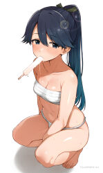 Rule 34 | 1girl, artist name, barefoot, between legs, black hair, blue eyes, blue hair, blush, breasts, chest sarashi, cleavage, commentary request, fellatio, food, food in mouth, fundoshi, hair between eyes, hand between legs, highres, houshou (kancolle), japanese clothes, kantai collection, long hair, looking at viewer, melting, navel, oral, ponytail, popsicle, popsicle in mouth, sarashi, sawamura aoi, simulated fellatio, small breasts, solo, squatting, sweat