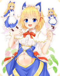 Rule 34 | 1girl, :d, adapted costume, alice margatroid, animal ears, apron, blonde hair, blue dress, blue eyes, cat ears, chiroshiron, clothing cutout, comic, dress, flower, highres, kemonomimi mode, navel, navel cutout, open mouth, sash, shanghai doll, smile, touhou
