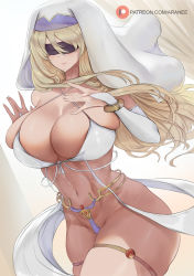 Rule 34 | 1girl, araneesama, bikini, black blindfold, blindfold, blonde hair, breasts, bridal gauntlets, closed mouth, covered eyes, curvy, front-tie top, goblin slayer!, habit, highres, large breasts, long hair, navel, patreon logo, patreon username, swimsuit, sword maiden, thick thighs, thighlet, thighs, white bikini
