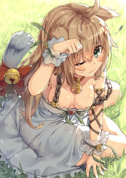 Rule 34 | 1girl, absurdres, ahoge, animal ears, bell, blonde hair, blush, breasts, breasts apart, cat ears, cat tail, cattail, closed mouth, collar, day, dress, enokorogusa (flower knight girl), eyebrows, fang, fang out, flower knight girl, from above, grass, green eyes, hair between eyes, hair ornament, highres, jingle bell, long hair, looking at viewer, medium breasts, neck bell, one eye closed, outdoors, paw pose, plant, ribbon, ruma imaginary, sitting, sleeveless, sleeveless dress, small breasts, solo, strap slip, tail, tail bell, tail ornament, tail ribbon, wrist cuffs, x hair ornament, yokozuwari