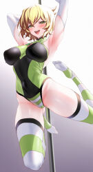 Rule 34 | 1girl, :d, akatsuki kirika, armpits, blonde hair, blush, breasts, covered navel, elbow gloves, gloves, green eyes, green leotard, green thighhighs, groin, highres, large breasts, leotard, looking at viewer, open mouth, pole, senki zesshou symphogear, short hair, smile, solo, striped clothes, striped thighhighs, stripper pole, sweat, thighhighs, ulrich (tagaragakuin), white gloves